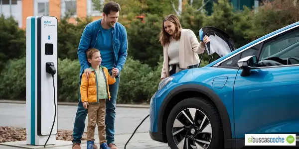 Familia repostando su coche eléctrico de segunda mano